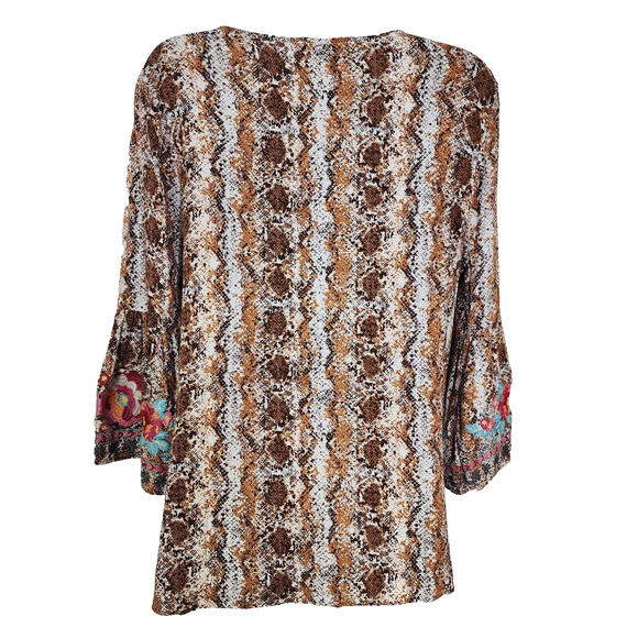 Savanna Jane Top Small Embroidered Floral Snake Skin 3/4 Bell Sleeve Boho V Neck - Picture 2 of 8